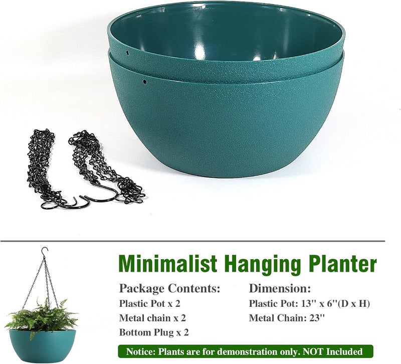 WOUSIWER 13 inch 2 Pack Large Hanging Planters for Indoor Outdoor Plants with Drainage Holes and Chain, Round Hanging Flower Pots for Garden Home Porch Decor, Myrtle Green - Image 4